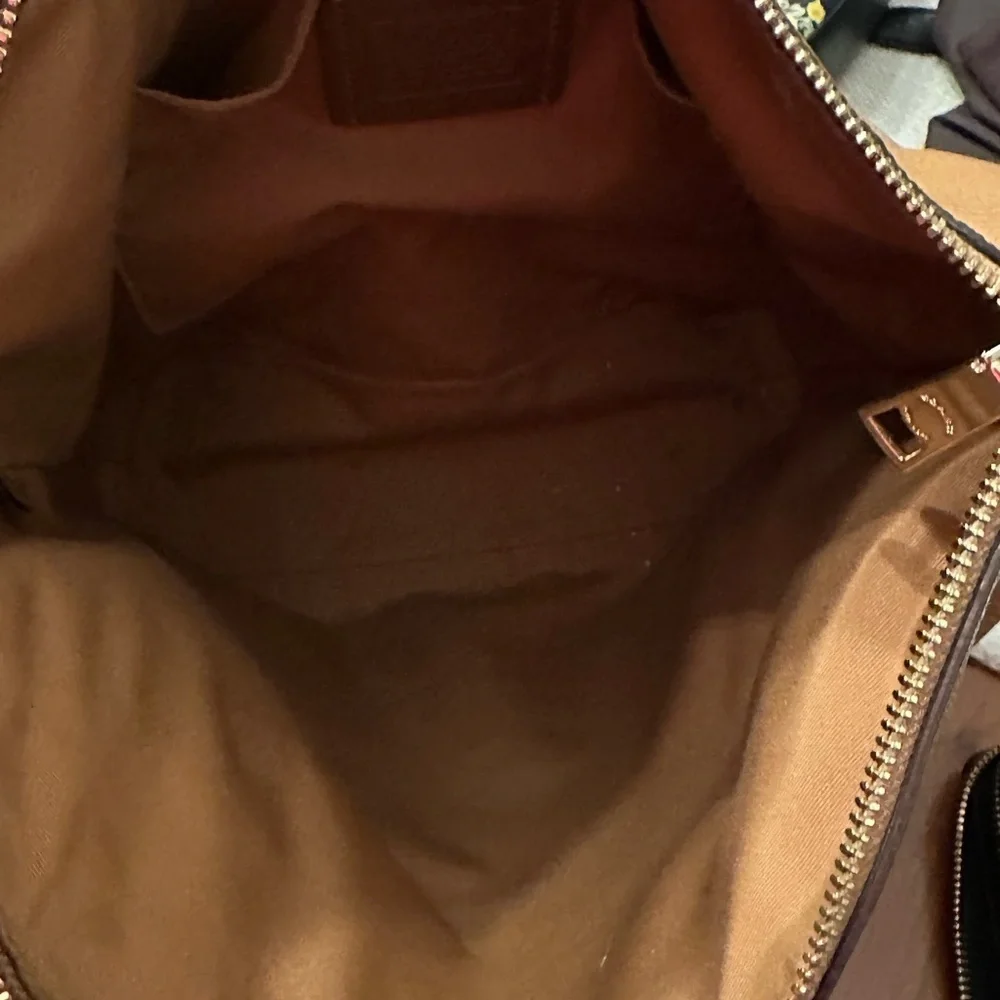 Coach Paxton Duffle Pebbled Leather Convertible Chain Strap Shoulder Bag Tan Cam